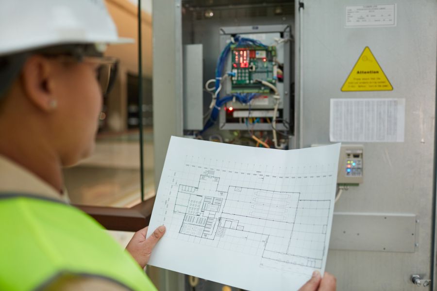 Commercial electrician reviewing blueprints beside an industrial electrical control panel and wiring system